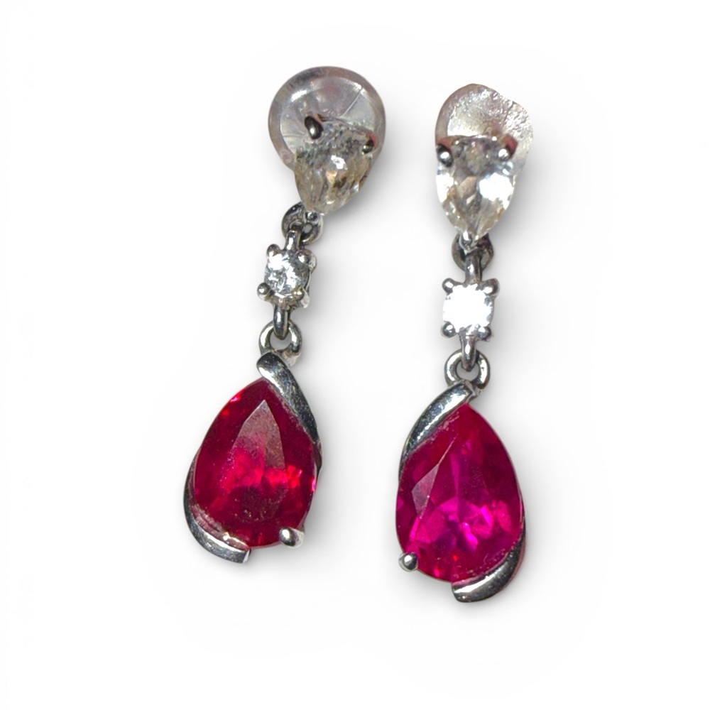 Authentic Genuine Ruby & Diamond Drop Earrings w/ Certificate 14K Gold - Picture 6 of 16